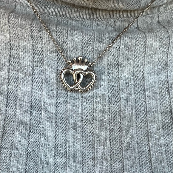 Pandora sterling silver crowned interlocking heart necklace, adjustable chain - Picture 2 of 3